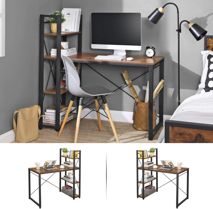 Birou cu raft lateral, montare stanga sau dreapta, industrial, 56x120x120 cm, maro [4]