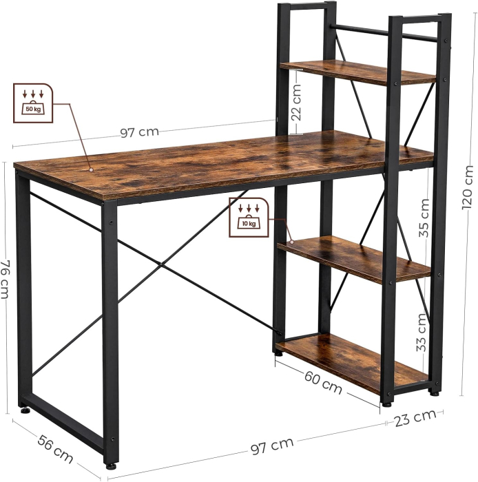 Birou cu raft lateral, montare stanga sau dreapta, industrial, 56x120x120 cm, maro [5]