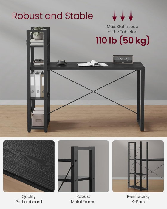 Birou cu raft lateral, montare stanga sau dreapta, industrial, 60x132x119 cm, negru [4]