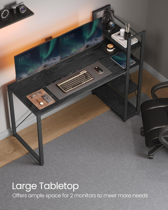 Birou cu raft lateral, montare stanga sau dreapta, industrial, 60x132x119 cm, negru [3]