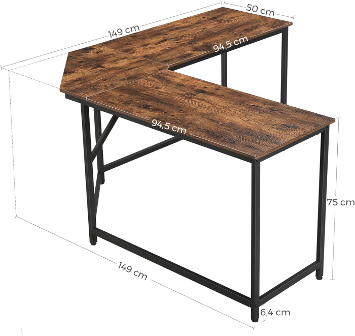 Birou de colt in forma de L, cadru din otel, 149x149x75cm, industrial, maro rustic si negru [3]