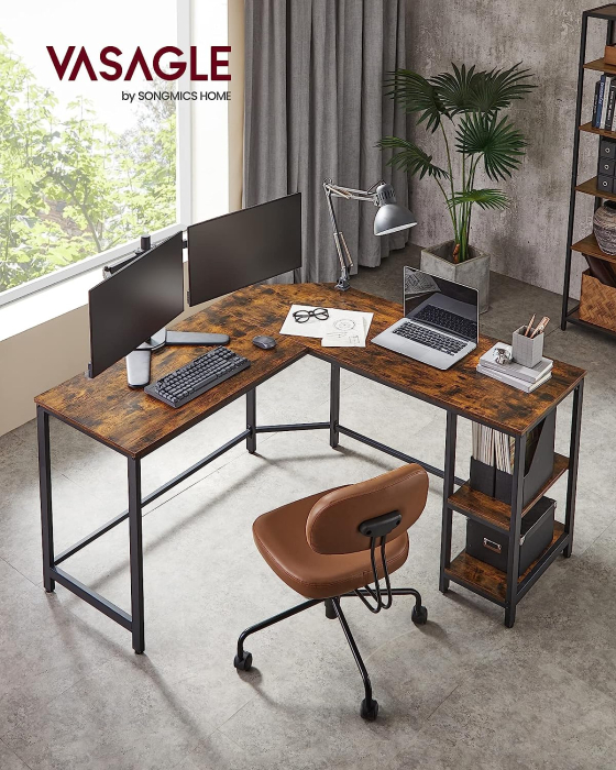 Birou de colt in forma de L, cu 2 rafturi de depozitare, 138x138x75cm, industrial, maro rustic si negru [2]