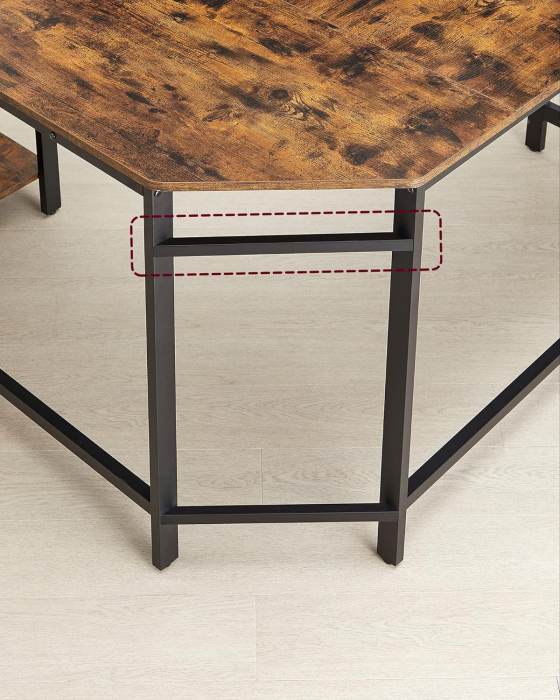 Birou de colt in forma de L, cu 2 rafturi de depozitare, 138x138x75cm, industrial, maro rustic si negru [7]