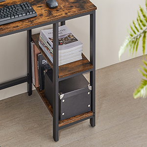Birou de colt in forma de L, cu 2 rafturi de depozitare, 138x138x75cm, industrial, maro rustic si negru [10]