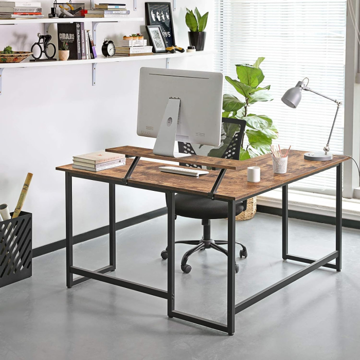 Birou in forma de L cu suport pentru monitor, cadru metalic, 140x130x76cm, maro rustic [6]