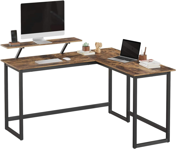 Birou in forma de L cu suport pentru monitor, cadru metalic, 140x130x76cm, maro rustic [8]