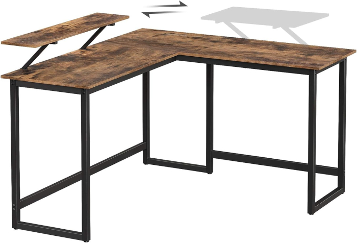 Birou in forma de L cu suport pentru monitor, cadru metalic, 140x130x76cm, maro rustic [5]