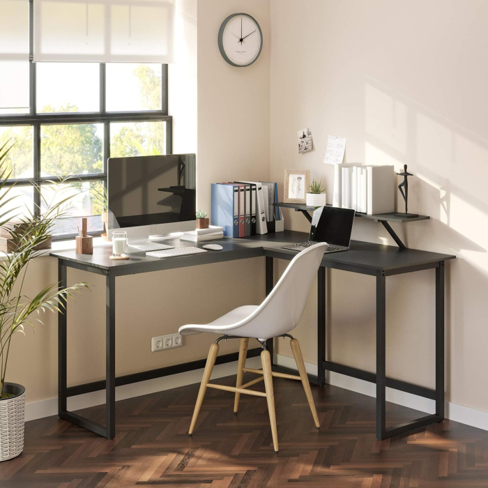 Birou in forma de L cu suport pentru monitor, cadru metalic, 140x130x76cm, negru [3]