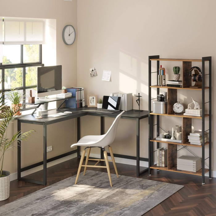 Birou in forma de L cu suport pentru monitor, cadru metalic, 140x130x76cm, negru [2]