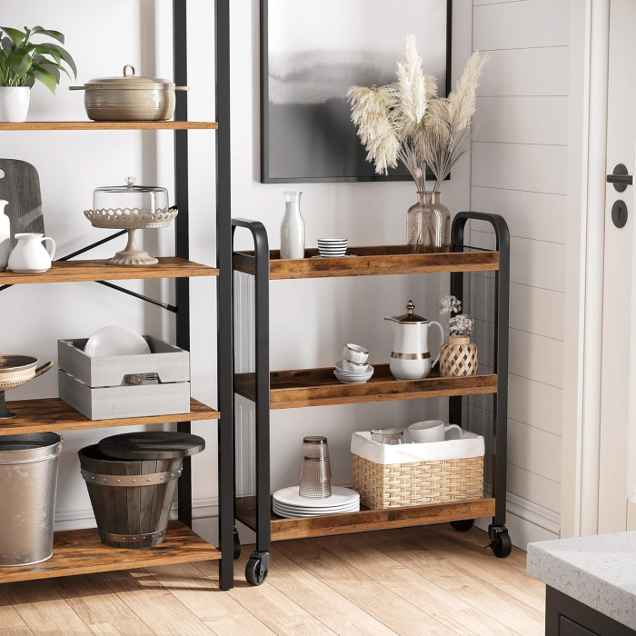 Carucior de servire pe roti pentru bucatarie, cu 3 polite, stil industrial, 26x66x85cm, maro rustic [3]