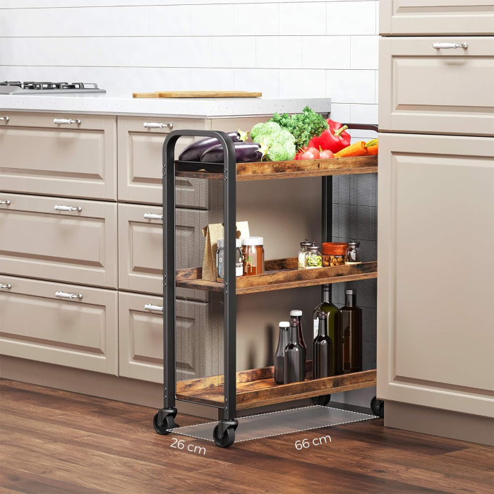 Carucior de servire pe roti pentru bucatarie, cu 3 polite, stil industrial, 26x66x85cm, maro rustic [4]