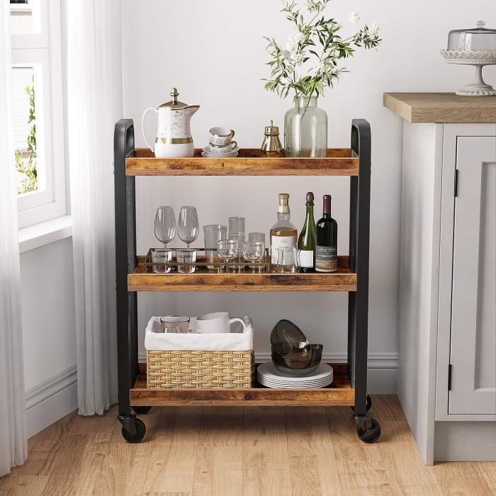 Carucior de servire pe roti pentru bucatarie, cu 3 polite, stil industrial, 26x66x85cm, maro rustic [2]
