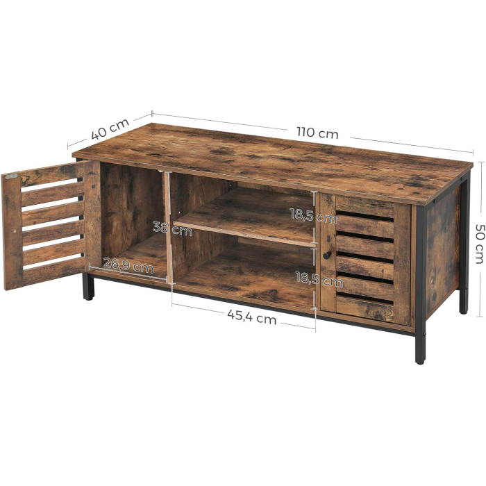 Comoda joasa pentru suport TV, cu rafturi si 2 spatii de depozitare cu usa, stil industrial, 110x40x50cm, maro rustic si negru [5]