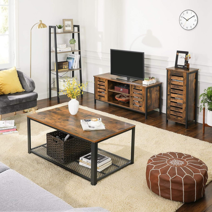Comoda joasa pentru suport TV, cu rafturi si 2 spatii de depozitare cu usa, stil industrial, 110x40x50cm, maro rustic si negru [2]
