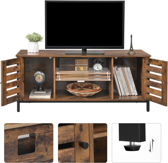 Comoda joasa pentru suport TV, cu rafturi si 2 spatii de depozitare cu usa, stil industrial, 110x40x50cm, maro rustic si negru [3]