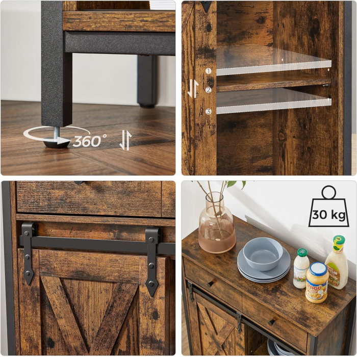 Comoda pentru living sau bucatarie, cu 2 sertare si usa glisanta, rafturi reglabile, stil rustic, 30x70x80cm, maro si negru [5]