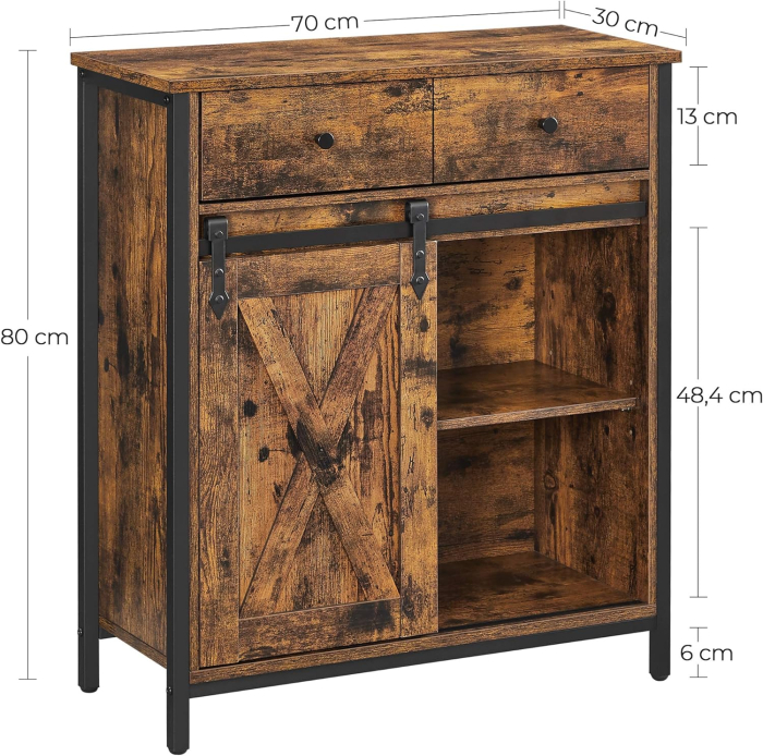 Comoda pentru living sau bucatarie, cu 2 sertare si usa glisanta, rafturi reglabile, stil rustic, 30x70x80cm, maro si negru [6]