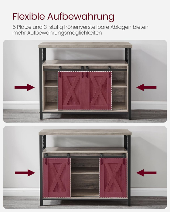 Comoda pentru living sau bucatarie, cu 2 usi glisante, rafturi reglabile, stil rustic, 33x100x80cm, gri [4]