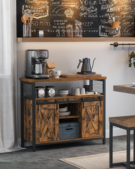 Comoda pentru living sau bucatarie, cu 2 usi glisante, rafturi reglabile, stil rustic, 33x100x80cm, maro si negru [1]