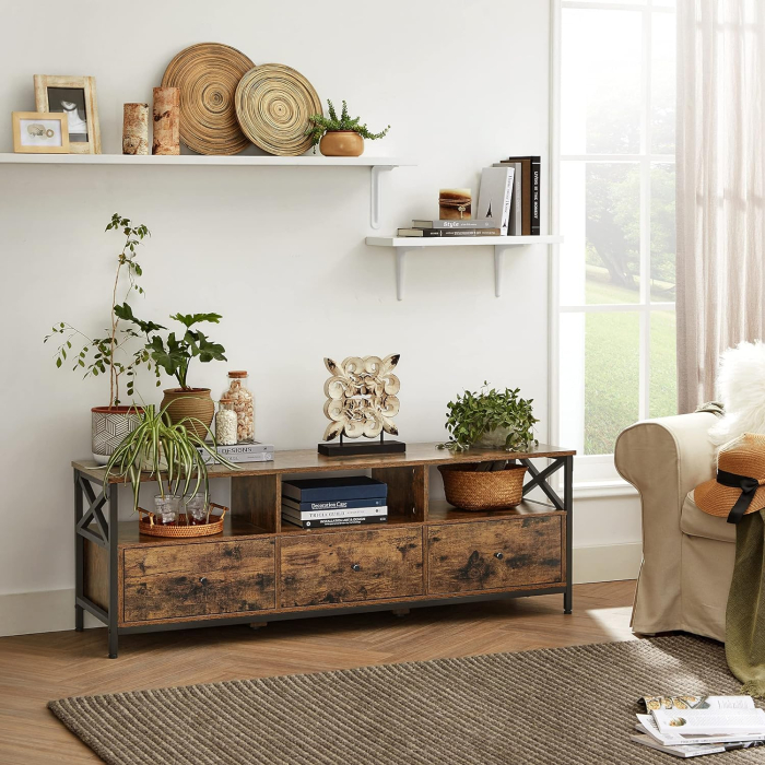 Comoda pentru TV de pana la 65 inch, cu 3 sertare si 3 rafturi deschise, 40x147x50cm, maro rustic si negru [2]