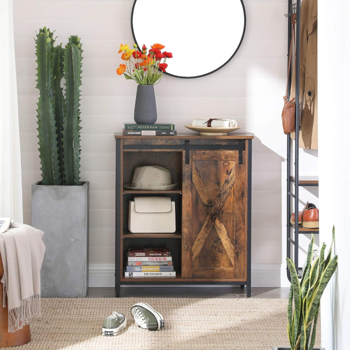 Comoda tip bufet cu usa glisanta si rafturi reglabile, stil industrial, 70x30x80cm, maro rusitc [6]