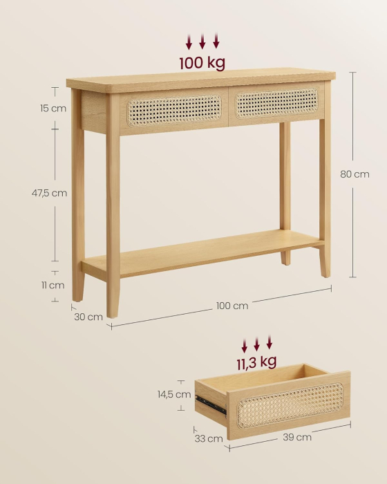 Consola hol 100x30x80 cm, 2 sertare, raft deschis, colturi rotunjite, stil boho, MDF si ratan PVC, bej stejar [2]