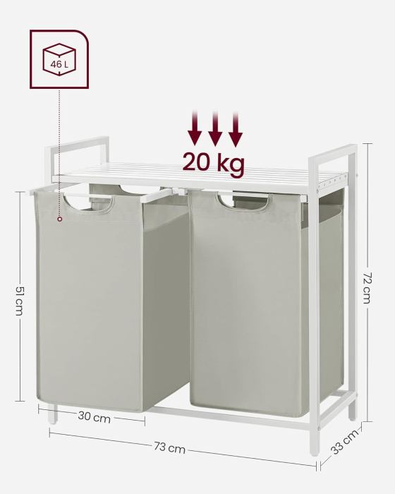 Cos de rufe, 2 compartimente, saci de rufe detasabili, raft, cadru metalic, 2x46L, 73x33x72 cm, alb [5]