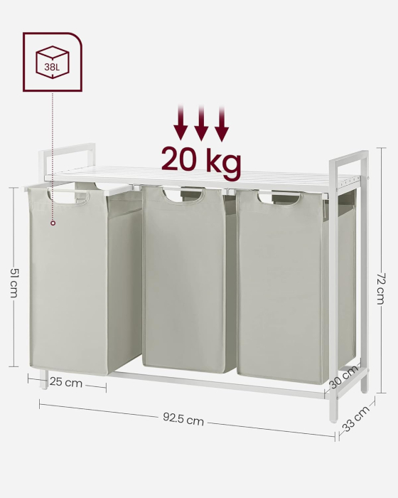 Cos de rufe, 3 compartimente, saci de rufe detasabili, raft, cadru metalic, 3x38L, 93x33x72 cm, alb [5]