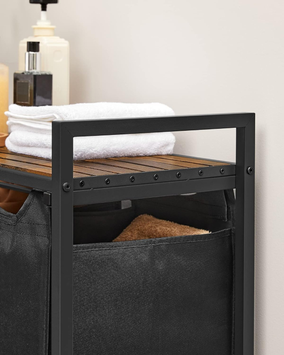 Cos de rufe, 3 compartimente, saci de rufe detasabili, raft, cadru metalic, 3x38L, 93x33x72 cm, maro rustic si negru [4]