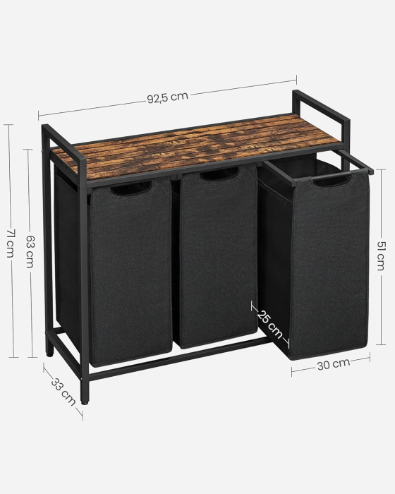 Cos de rufe, 3 compartimente, saci de rufe detasabili, raft, cadru metalic, 3x38L, 93x33x72 cm, maro rustic si negru [3]