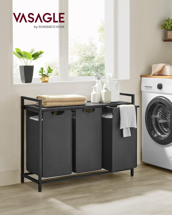 Cos de rufe, 3 compartimente, saci de rufe detasabili, raft, cadru metalic, 3x38L, 93x33x72 cm, negru [1]