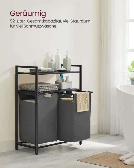 Cos de rufe, cu 2 saci detasabili, 2 rafturi, capacitate de 46L per sac, 73x33x92cm , negru si gri [3]
