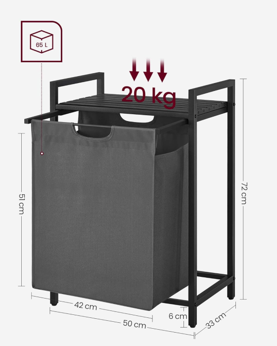 Cos de rufe, sac de rufe detasabil, raft, cadru metalic, 65L, 50x33x72 cm, negru si gri [5]