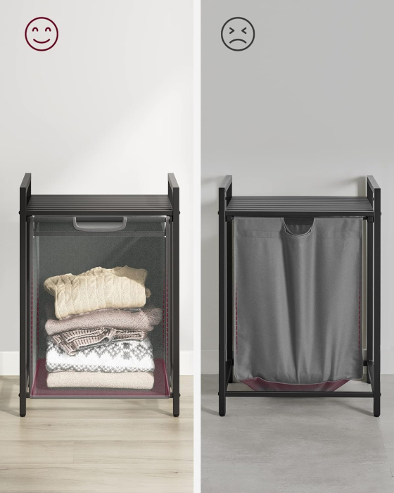 Cos de rufe, sac de rufe detasabil, raft, cadru metalic, 65L, 50x33x72 cm, negru si gri [6]