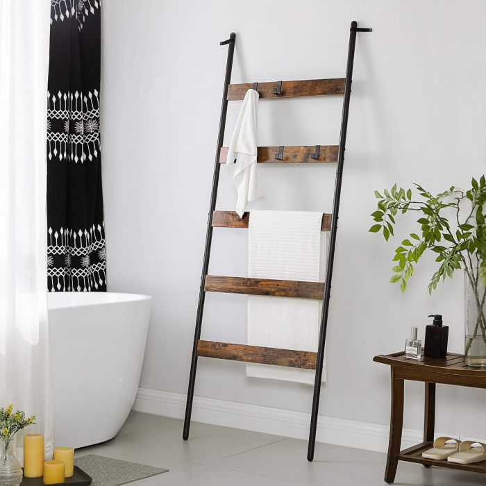 Cuier baie tip scara inclinata, cadru din otel cu 5 nivele, agatatori detasabile, 65x178cm, maro rustic si negru [2]