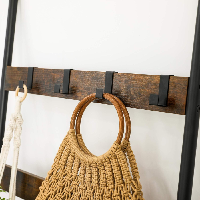 Cuier baie tip scara inclinata, cadru din otel cu 5 nivele, agatatori detasabile, 65x178cm, maro rustic si negru [4]
