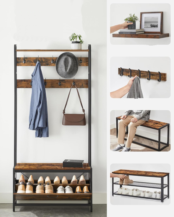 Cuier cu dulap de depozitare pantofi, cadru din otel, stil industrial, 32x85x180cm, maro rustic [3]