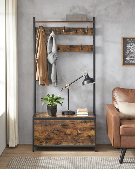Cuier cu dulap de depozitare pantofi, cadru din otel, stil industrial, 32x85x180cm, maro rustic [2]