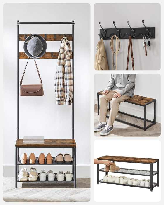 Cuier cu rafturi depozitare pantofi si ​​bara suspendata, industrial, 32x64x180 cm, maro rustic si negru [5]