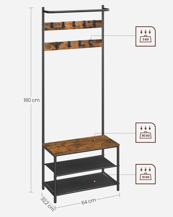 Cuier cu rafturi depozitare pantofi si ​​bara suspendata, industrial, 32x64x180 cm, maro rustic si negru [3]