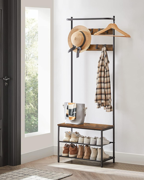 Cuier cu rafturi depozitare pantofi si ​​bara suspendata, industrial, 32x64x180 cm, maro rustic si negru [2]