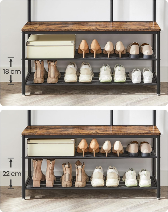 Cuier cu rafturi depozitare pantofi si ​​oglinda, industrial, 35x98x180 cm, maro rustic si negru [7]