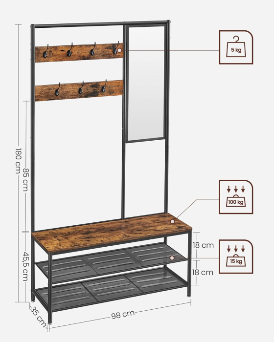 Cuier cu rafturi depozitare pantofi si ​​oglinda, industrial, 35x98x180 cm, maro rustic si negru [5]