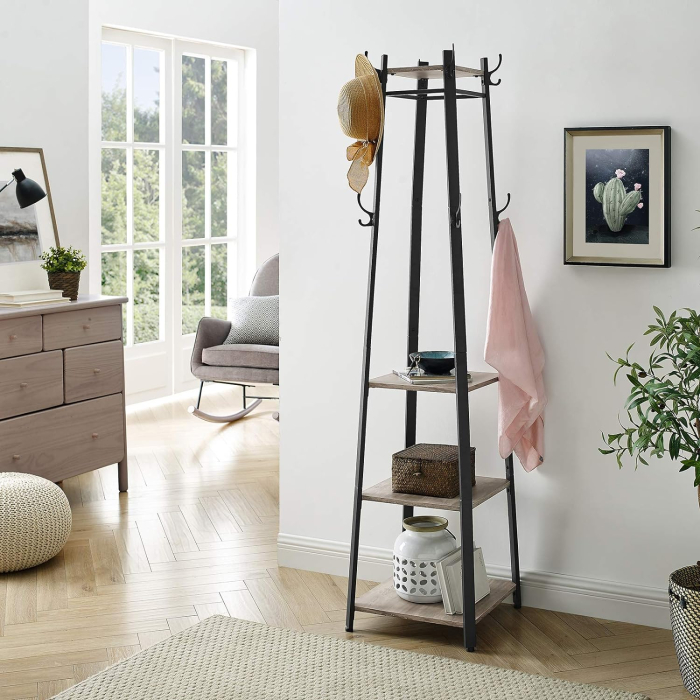Cuier de haine cu 3 rafturi, suport cu carlige, din otel, 43x43x180 cm, stil industrial, gri si negru [3]