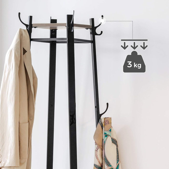 Cuier de haine cu 3 rafturi, suport cu carlige, din otel, 43x43x180 cm, stil industrial, gri si negru [4]