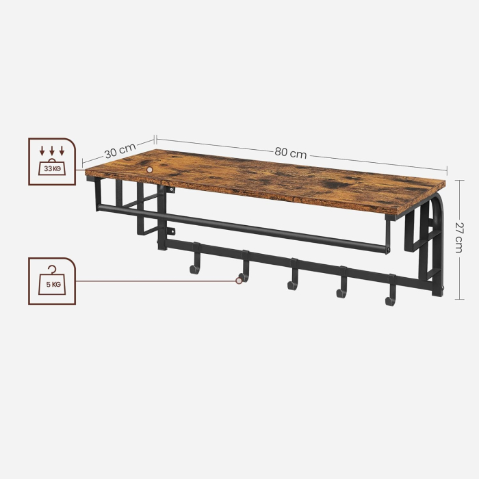 Cuier de perete cu raft de depozitare, 5 carlige, 30x80x27 cm, maro rustic [2]