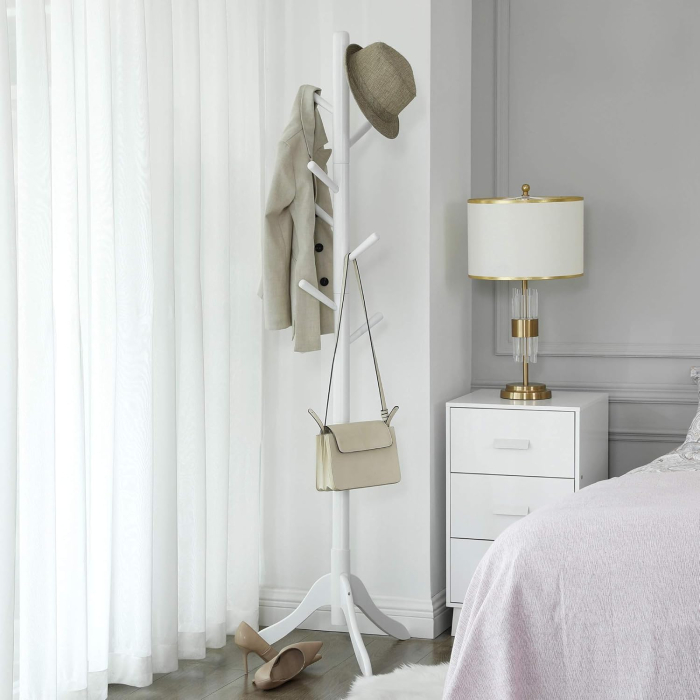 Cuier din lemn masiv, 8 carlige, ajustabil pe 3 inaltimi, design tip copac, 57x175 cm, alb [6]