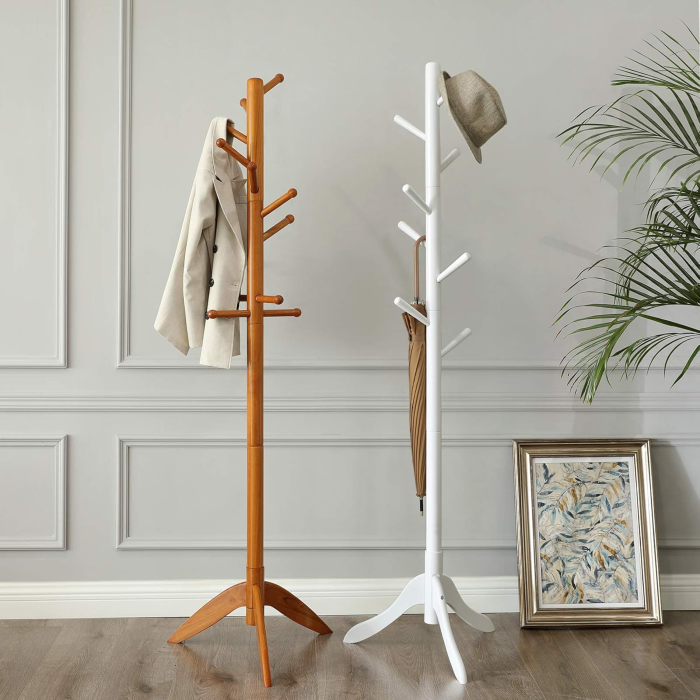Cuier din lemn masiv, 8 carlige, ajustabil pe 3 inaltimi, design tip copac, 57x175 cm, alb [5]