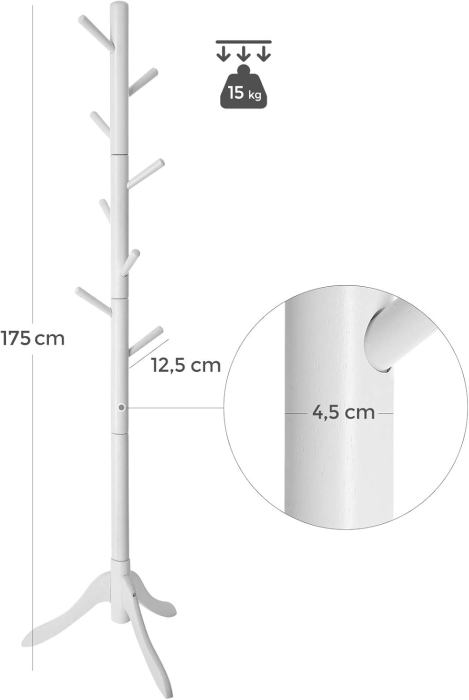 Cuier din lemn masiv, 8 carlige, ajustabil pe 3 inaltimi, design tip copac, 57x175 cm, alb [8]
