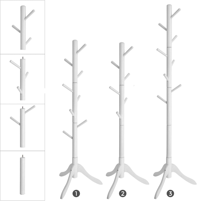 Cuier din lemn masiv, 8 carlige, ajustabil pe 3 inaltimi, design tip copac, 57x175 cm, alb [4]